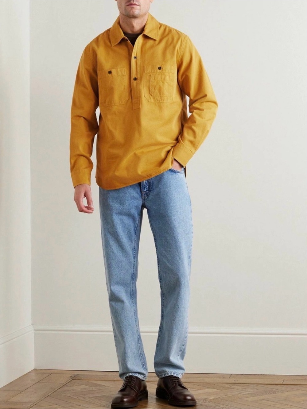Mr P. Men's Mustard Long-Sleeve Button-Front Work Shirt, 100% Cotton, Size L